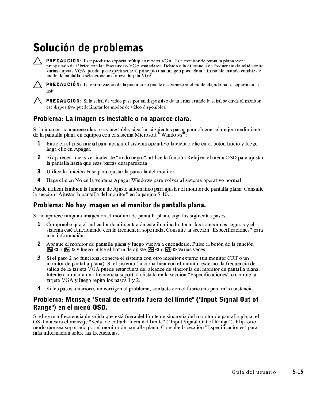 Dell 17FP manual Solución de problemas, Problema La imagen es inestable o no aparece clara 