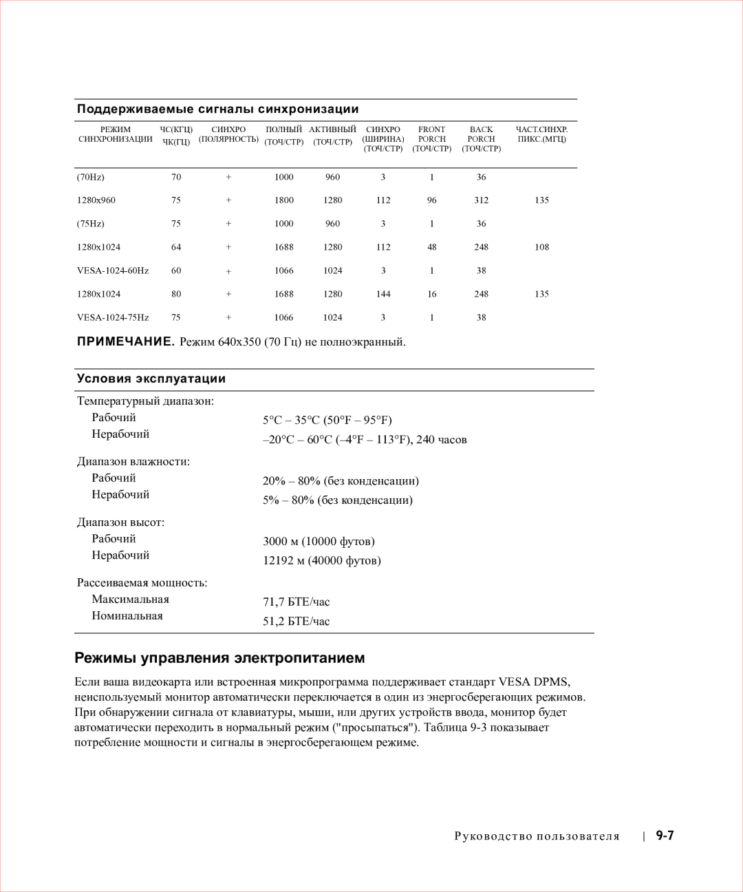 Dell 17FP manual Режимы управления электропитанием, Условия эксплуатации 