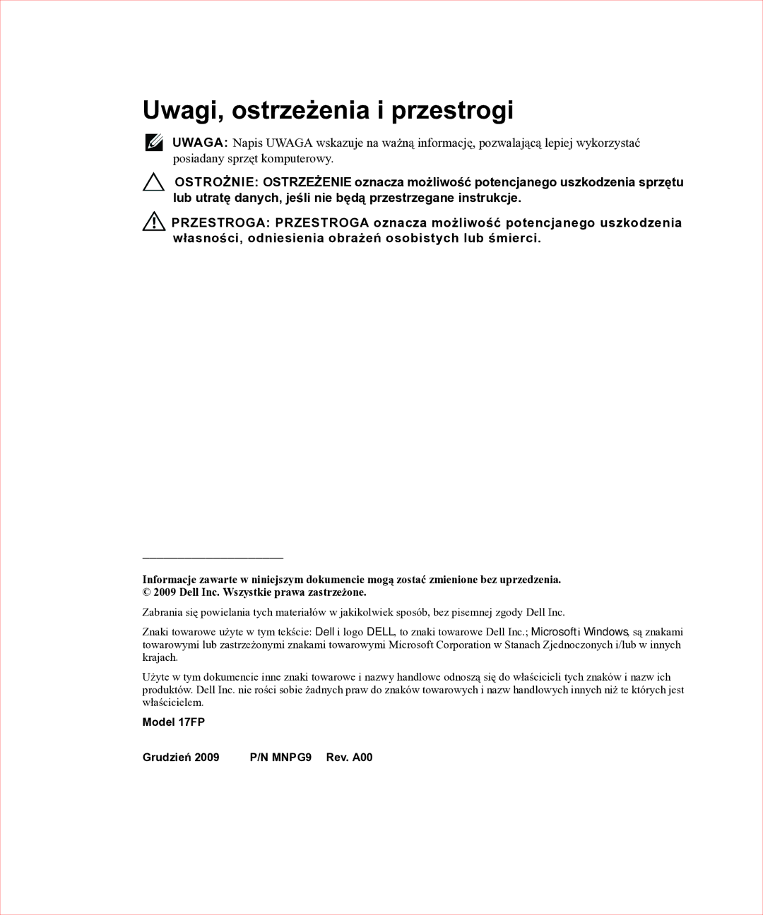 Dell 17FP manual Uwagi, ostrzeżenia i przestrogi 