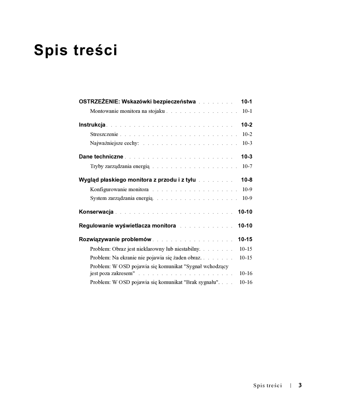 Dell 17FP Ostrzeżenie Wskazówki bezpieczeństwa 10-1, 10-2, 10-3, Wygląd płaskiego monitora z przodu i z tyłu 10-8, 10-10 