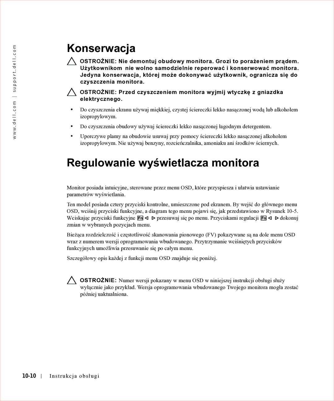 Dell 17FP manual Konserwacja, Regulowanie wyświetlacza monitora, 10-10 