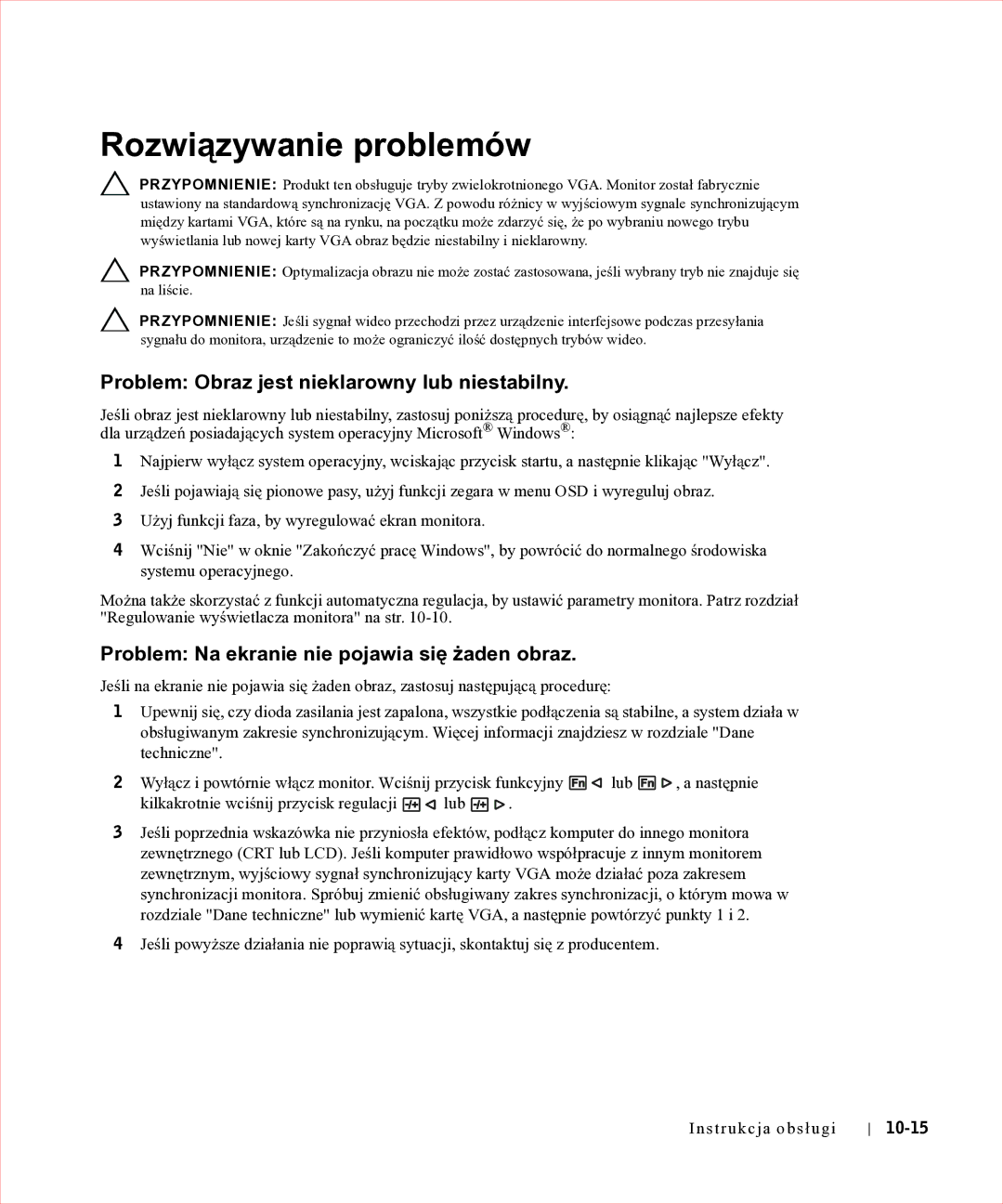 Dell 17FP manual Rozwiązywanie problemów, Problem Obraz jest nieklarowny lub niestabilny, 10-15 