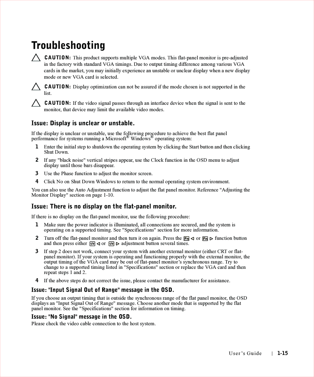 Dell 17FP manual Troubleshooting, Issue Display is unclear or unstable, Issue There is no display on the flat-panel monitor 