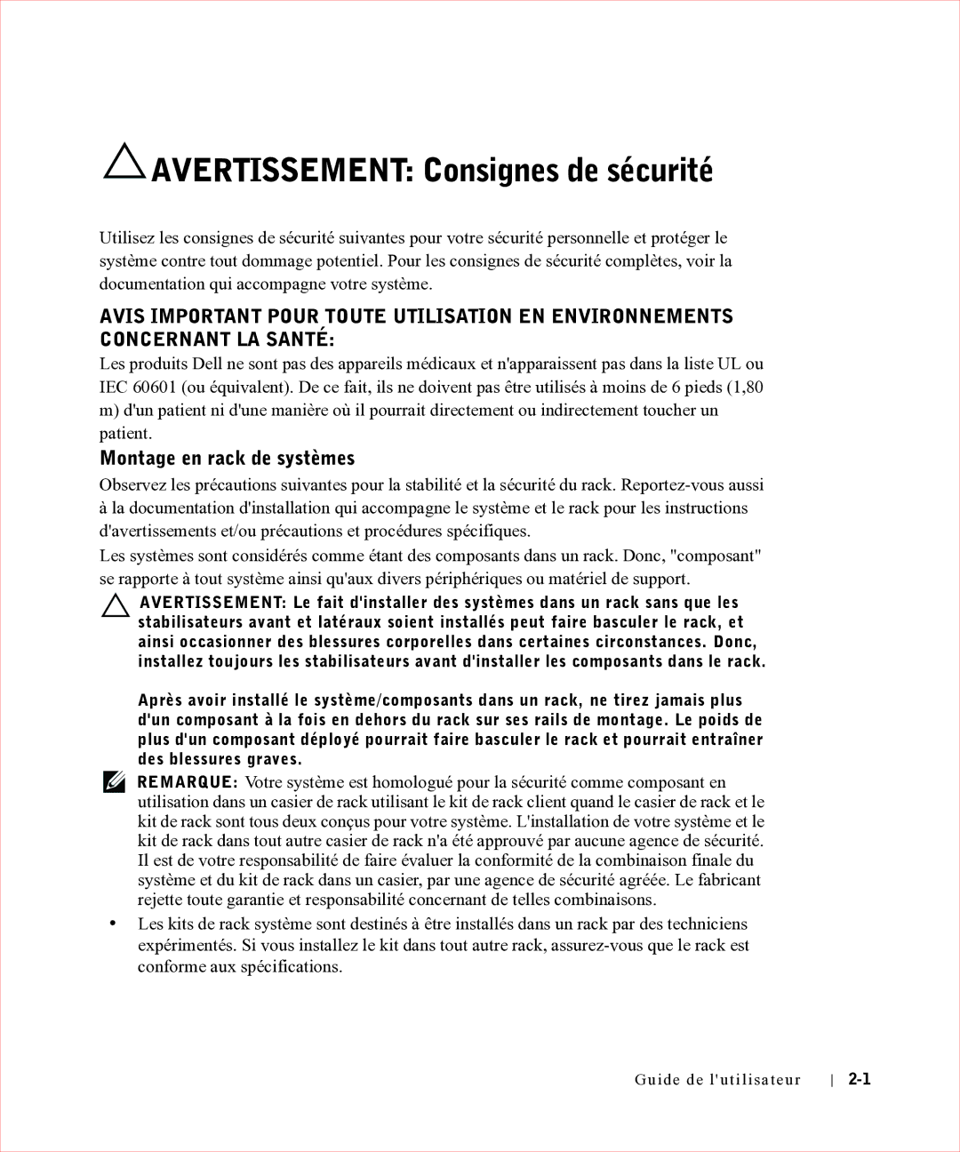 Dell 17FP manual Avertissement Consignes de sécurité, Montage en rack de systèmes 