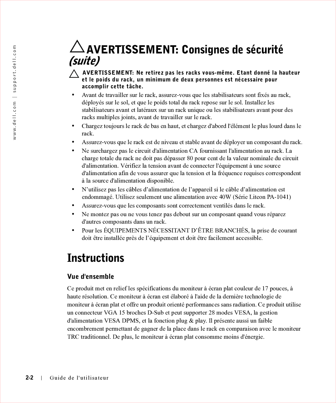 Dell 17FP manual Avertissement Consignes de sécurité suite, Instructions, Vue densemble 