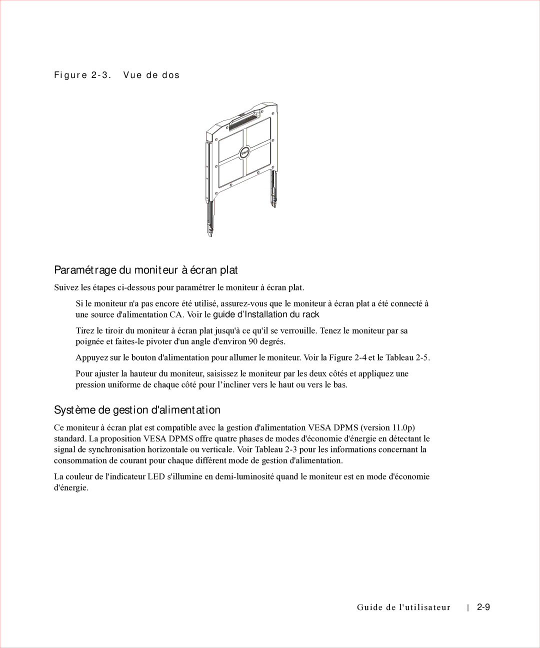 Dell 17FP manual Paramétrage du moniteur à écran plat, Système de gestion dalimentation, G u r e 2 3 . Vu e d e d o s 