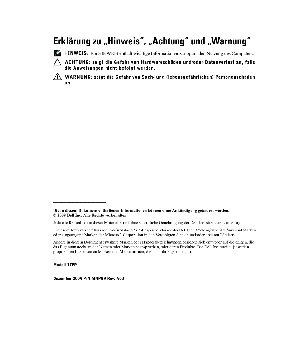 Dell 17FP manual Erklärung zu „Hinweis, „Achtung und „Warnung 