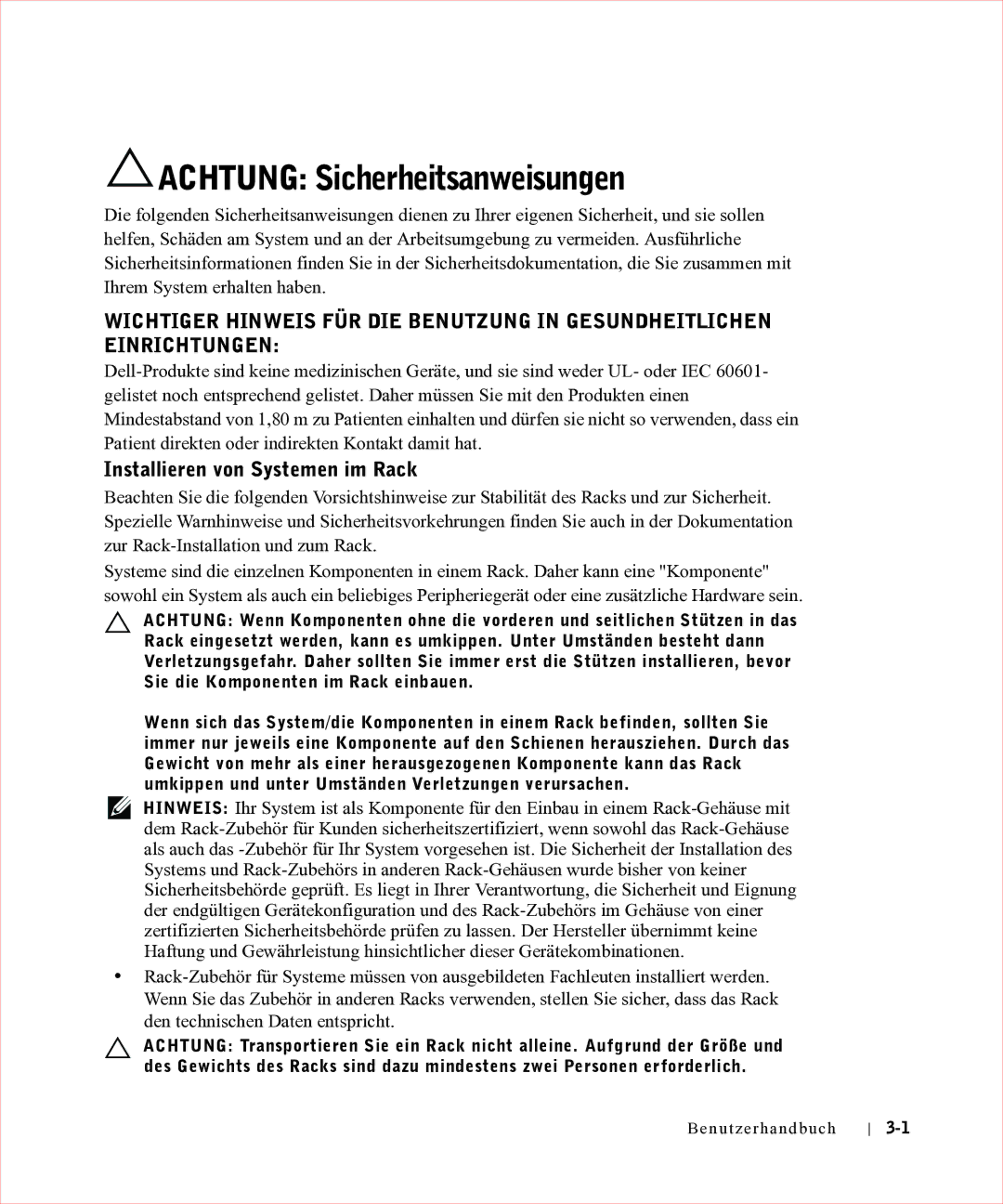 Dell 17FP manual Achtung Sicherheitsanweisungen, Installieren von Systemen im Rack 