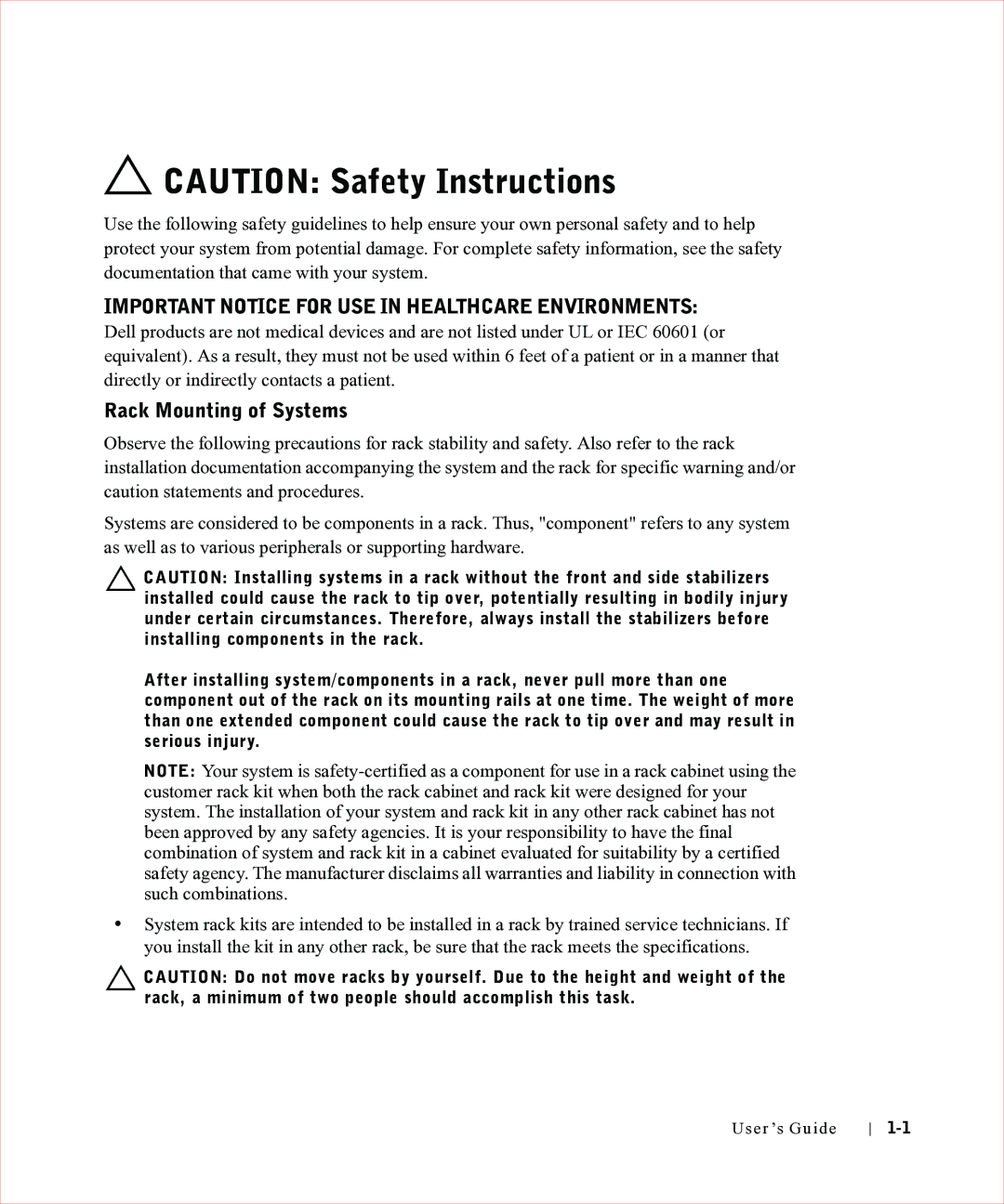 Dell 17FP manual Important Notice for USE in Healthcare Environments, Rack Mounting of Systems 