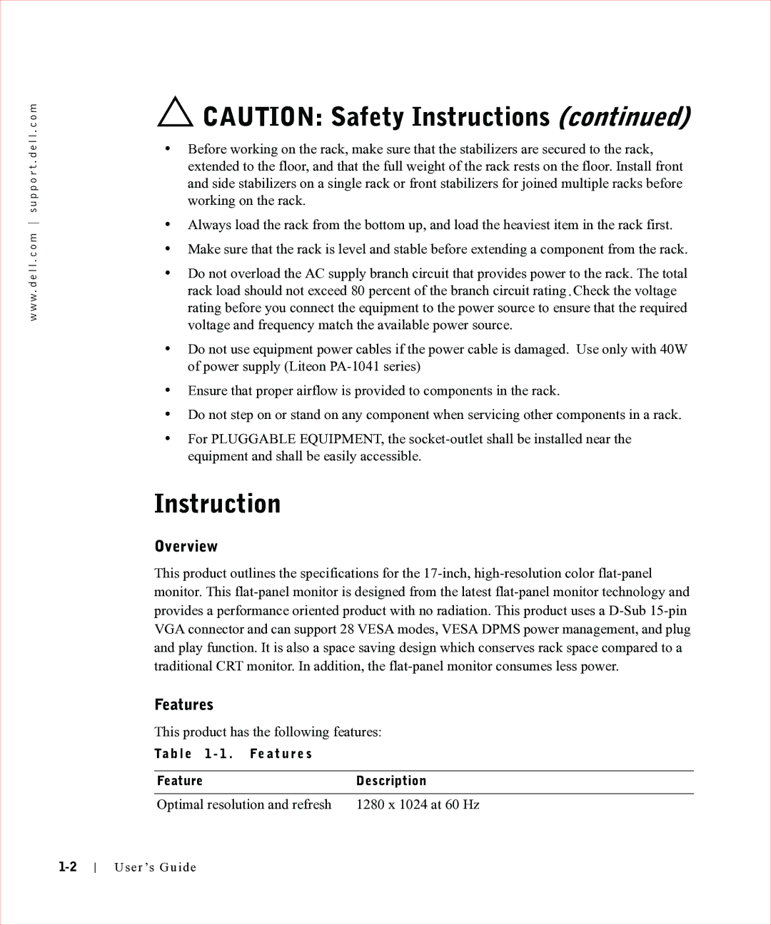 Dell 17FP manual Instruction, Overview, Features, Ta b l e 1 1 . Fe a t u r e s Feature Description 