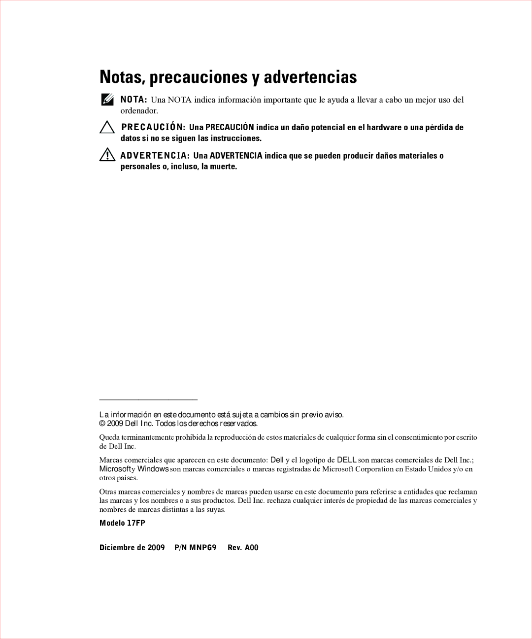 Dell 17FP manual Notas, precauciones y advertencias 