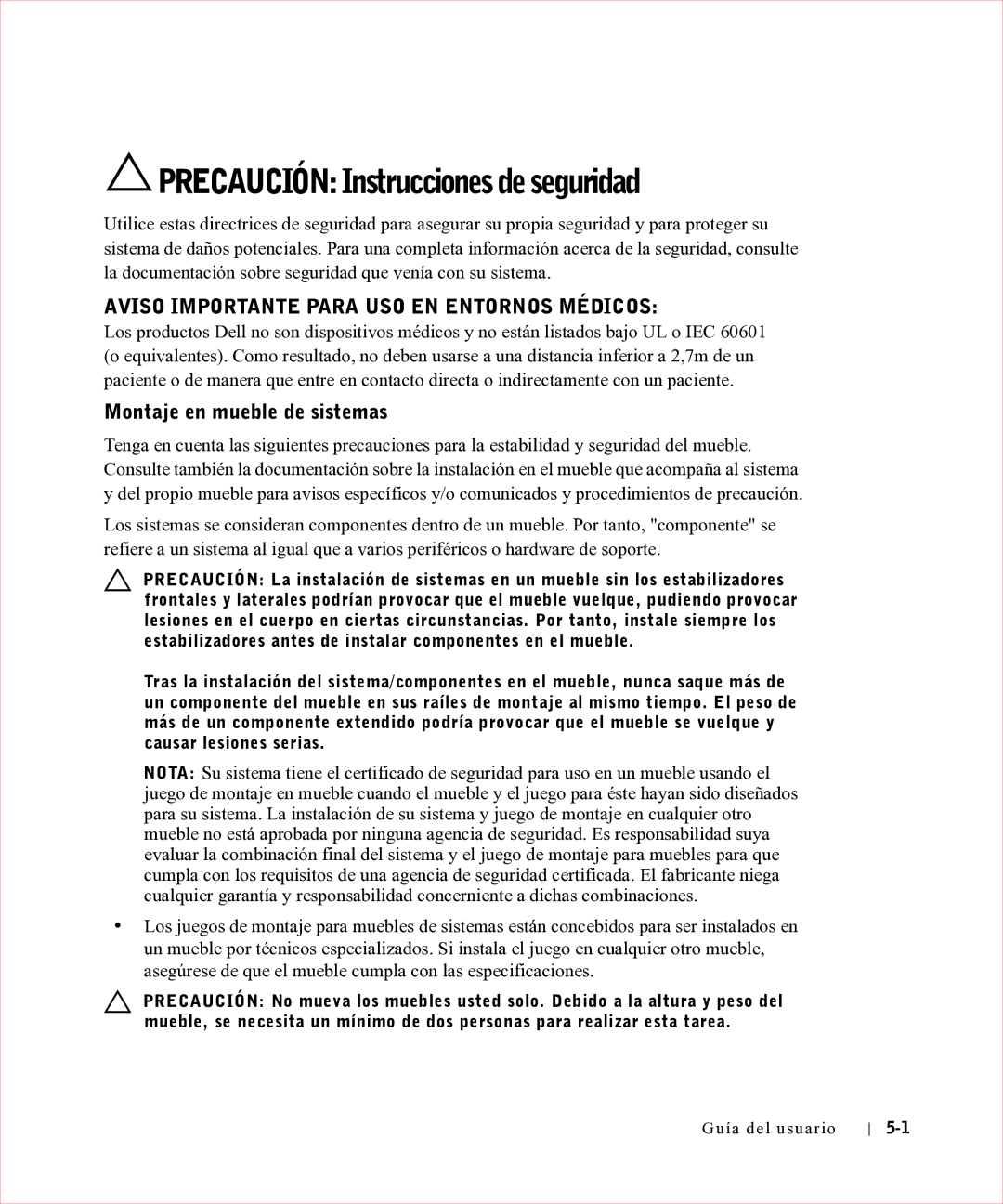 Dell 17FP manual Precaución Instrucciones de seguridad, Montaje en mueble de sistemas 