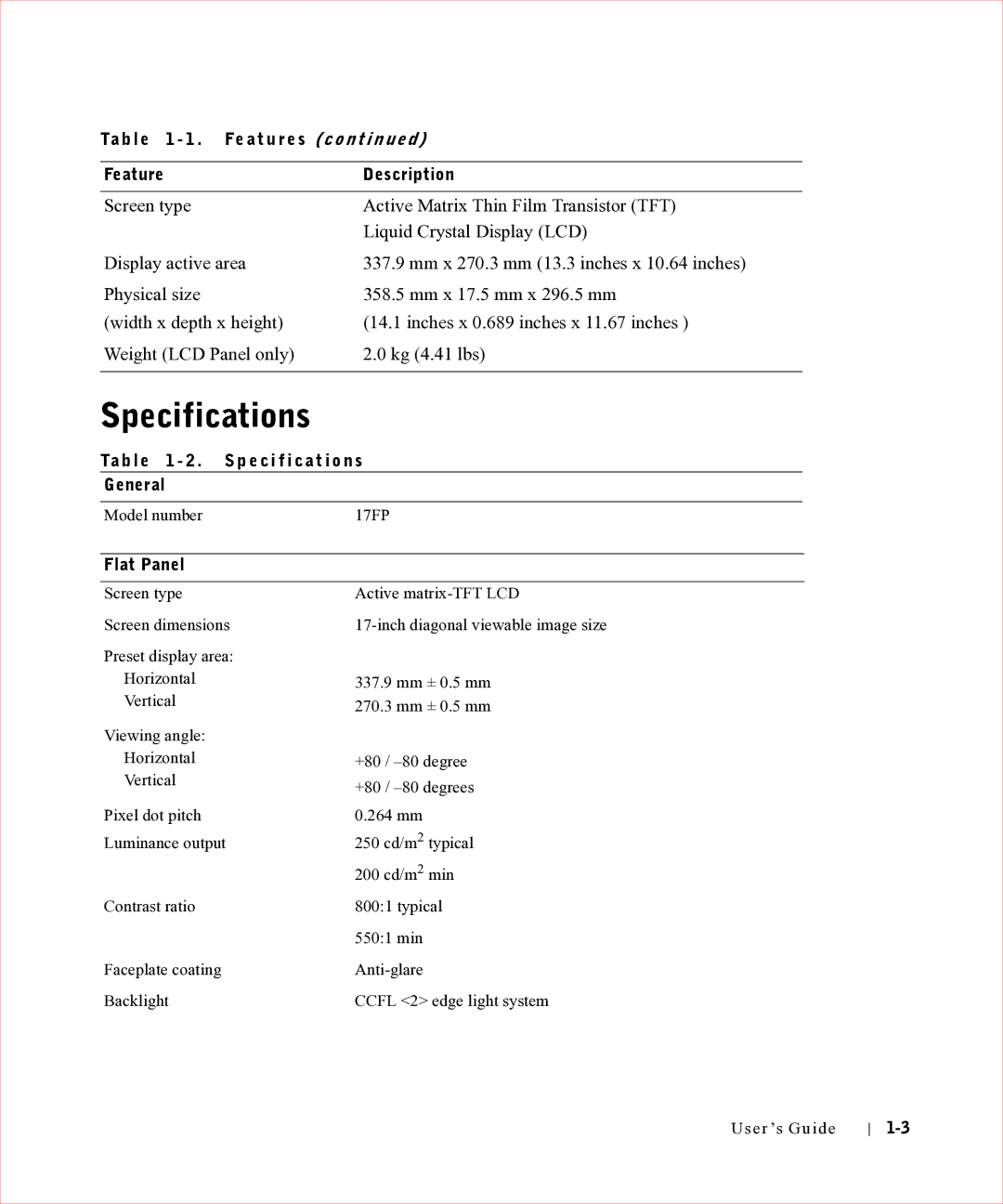 Dell 17FP manual Specifications, Ta b l e 1 2 . Specification s General, Flat Panel 