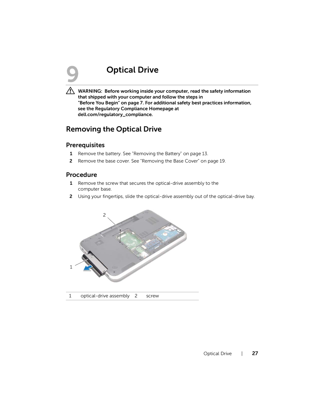 Dell 17R-7720, 17R-5720 owner manual Removing the Optical Drive 