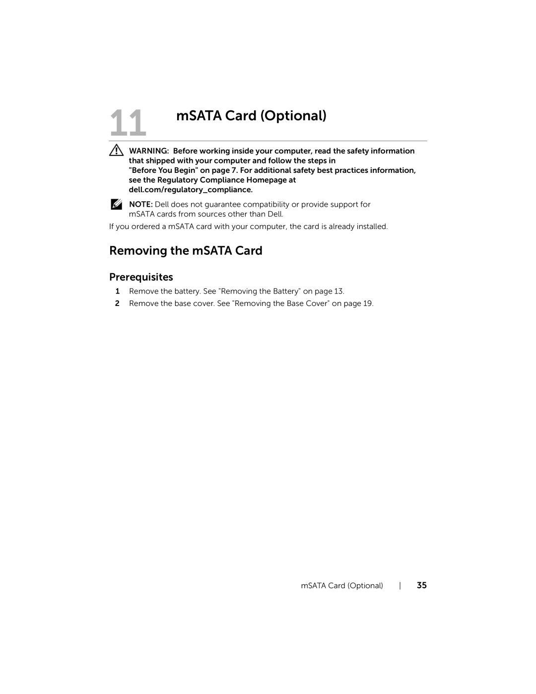 Dell 17R-7720, 17R-5720 owner manual MSATA Card Optional, Removing the mSATA Card 