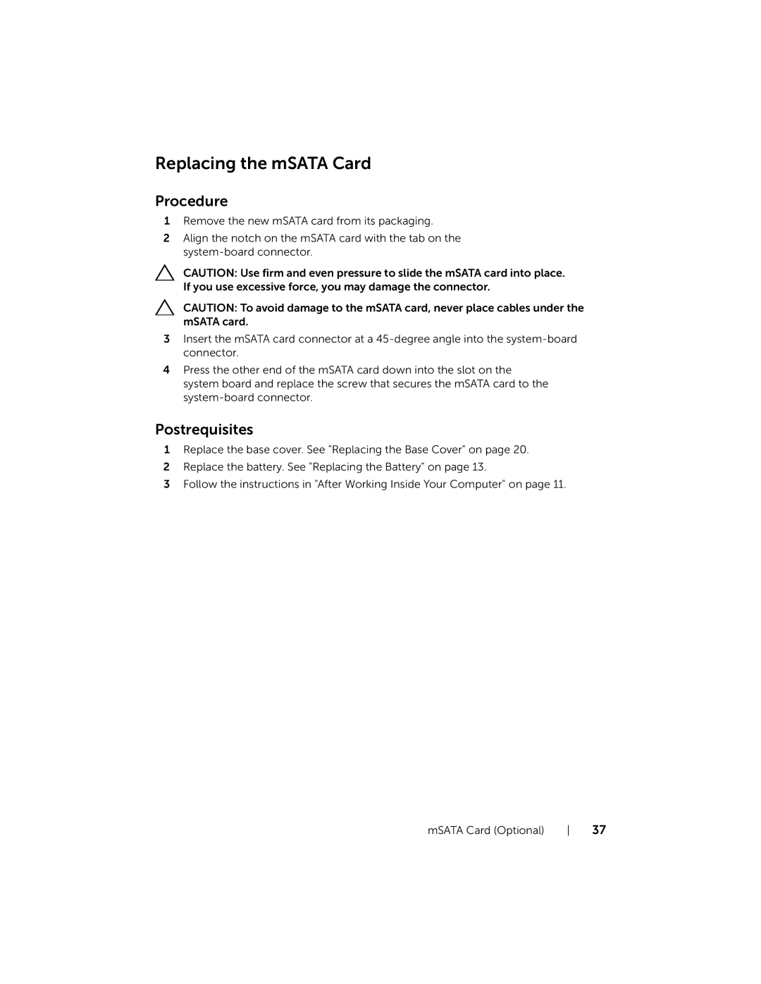 Dell 17R-7720, 17R-5720 owner manual Replacing the mSATA Card 