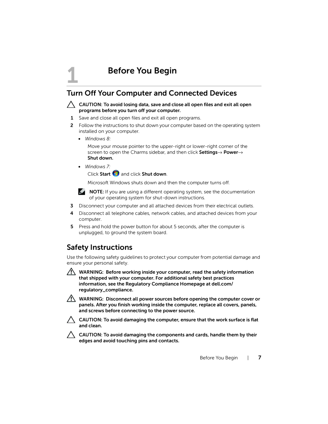 Dell 17R-7720, 17R-5720 owner manual Before You Begin, Turn Off Your Computer and Connected Devices, Safety Instructions 