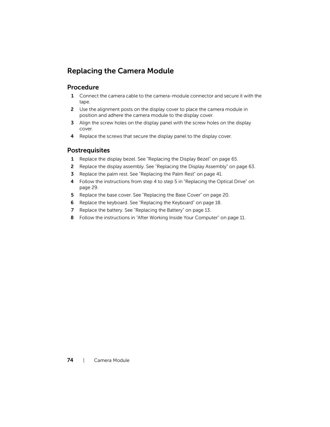 Dell 17R-5720, 17R-7720 owner manual Replacing the Camera Module 