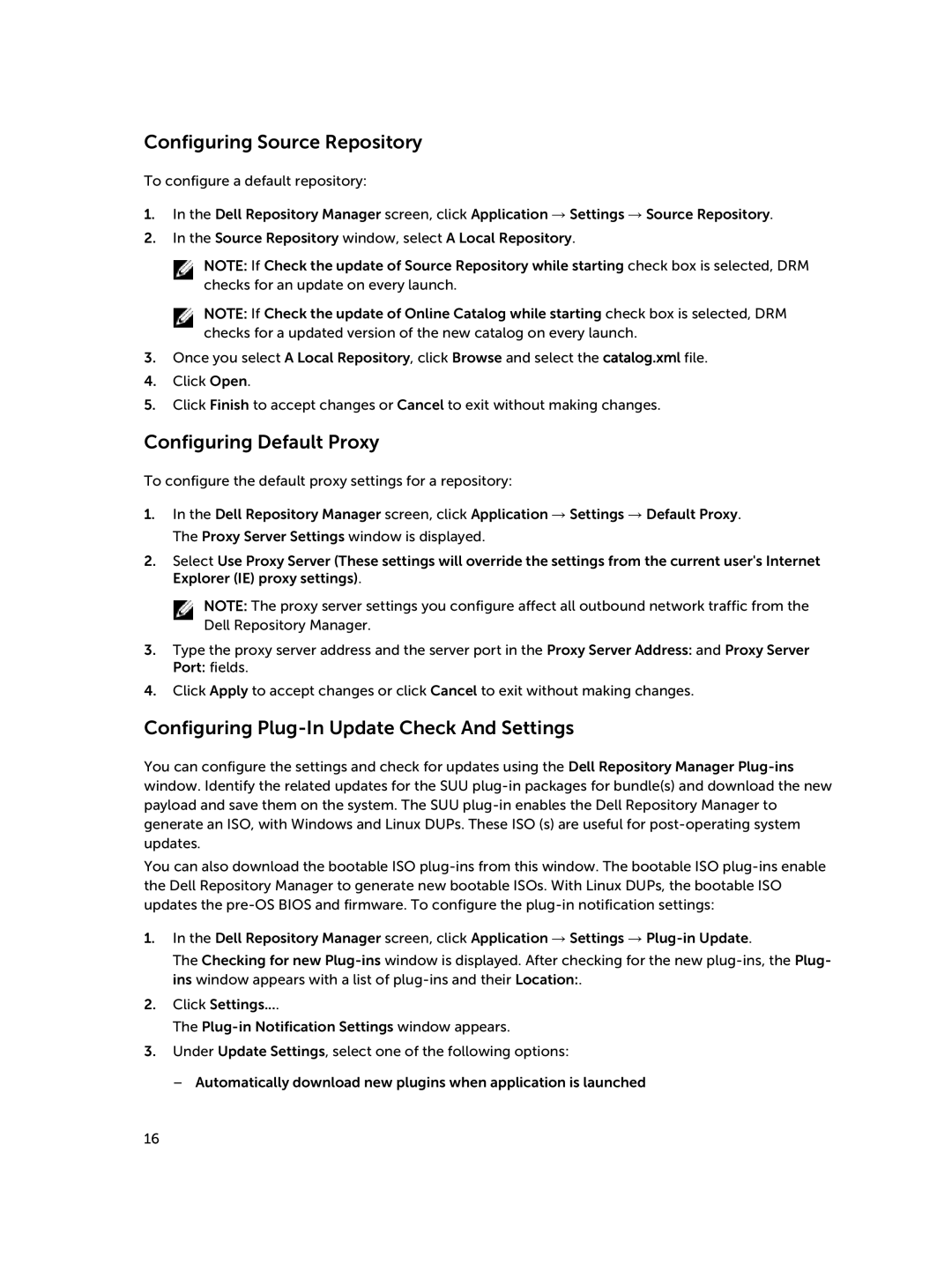 Dell 1.8 manual Configuring Source Repository, Configuring Default Proxy, Configuring Plug-In Update Check And Settings 