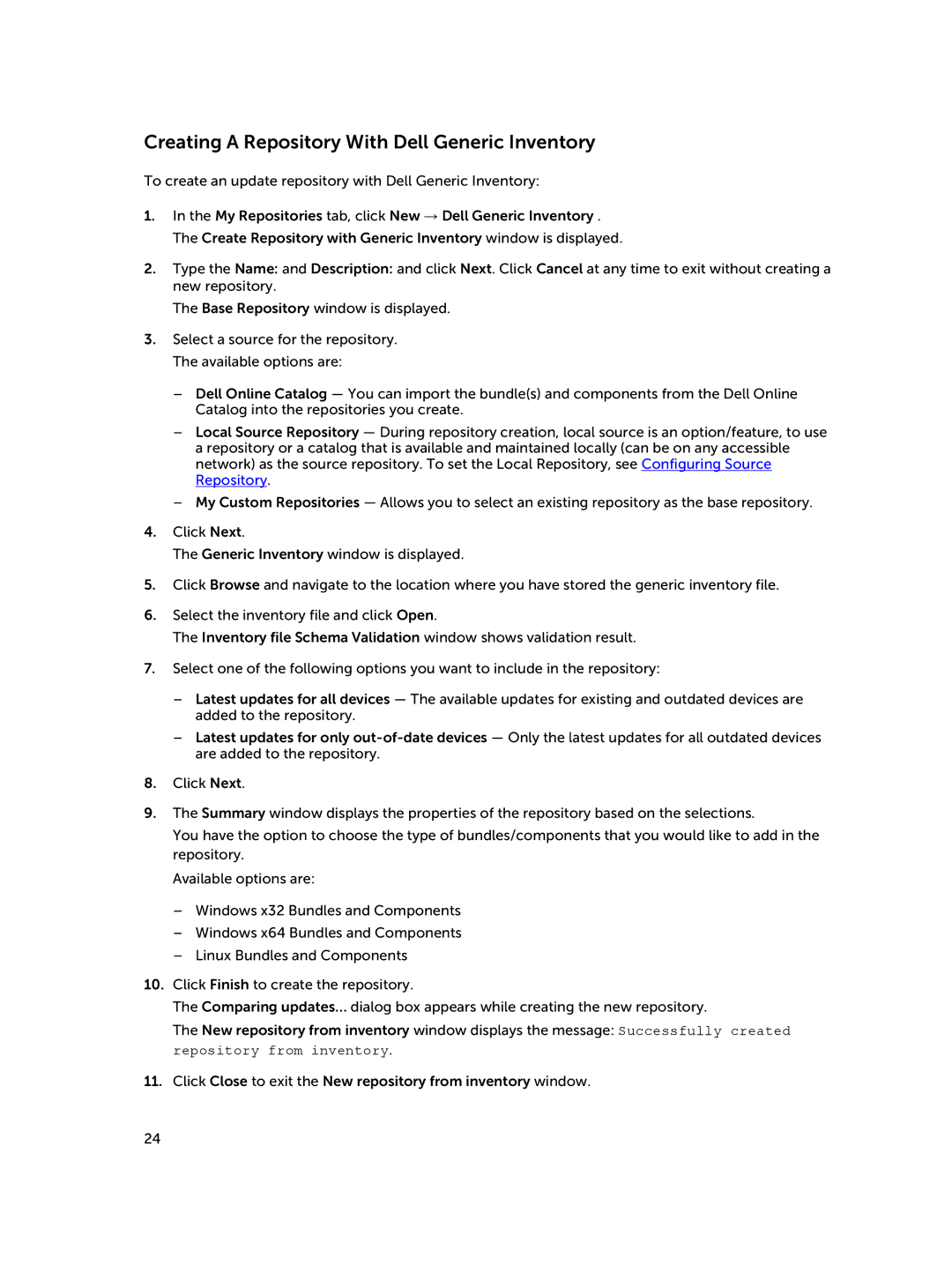Dell 1.8 manual Creating a Repository With Dell Generic Inventory 