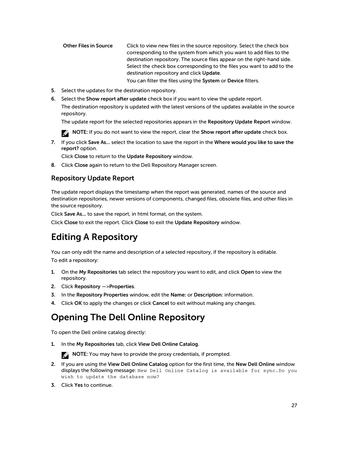 Dell 1.8 manual Editing a Repository, Opening The Dell Online Repository, Repository Update Report 