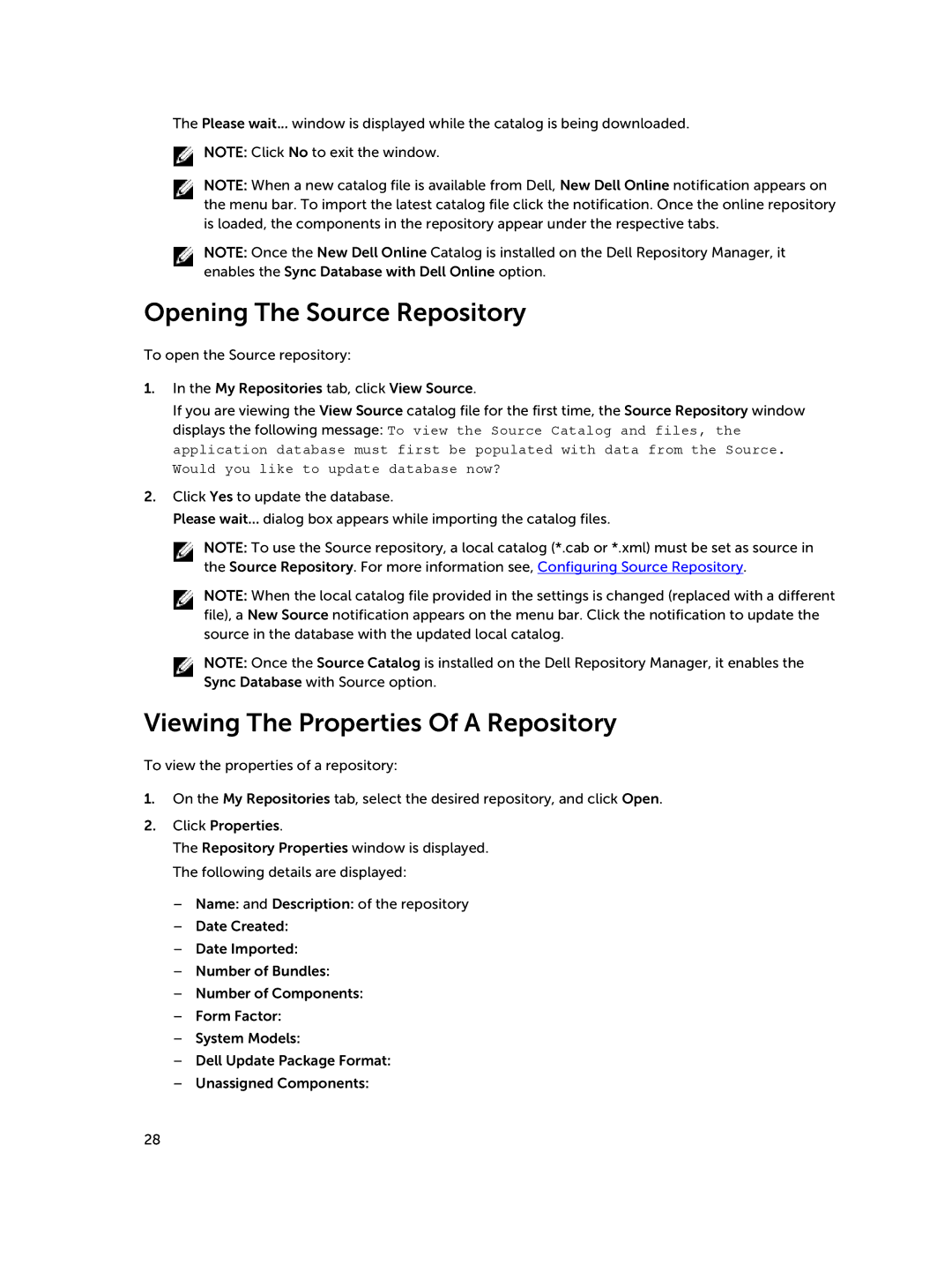 Dell 1.8 manual Opening The Source Repository, Viewing The Properties Of a Repository 