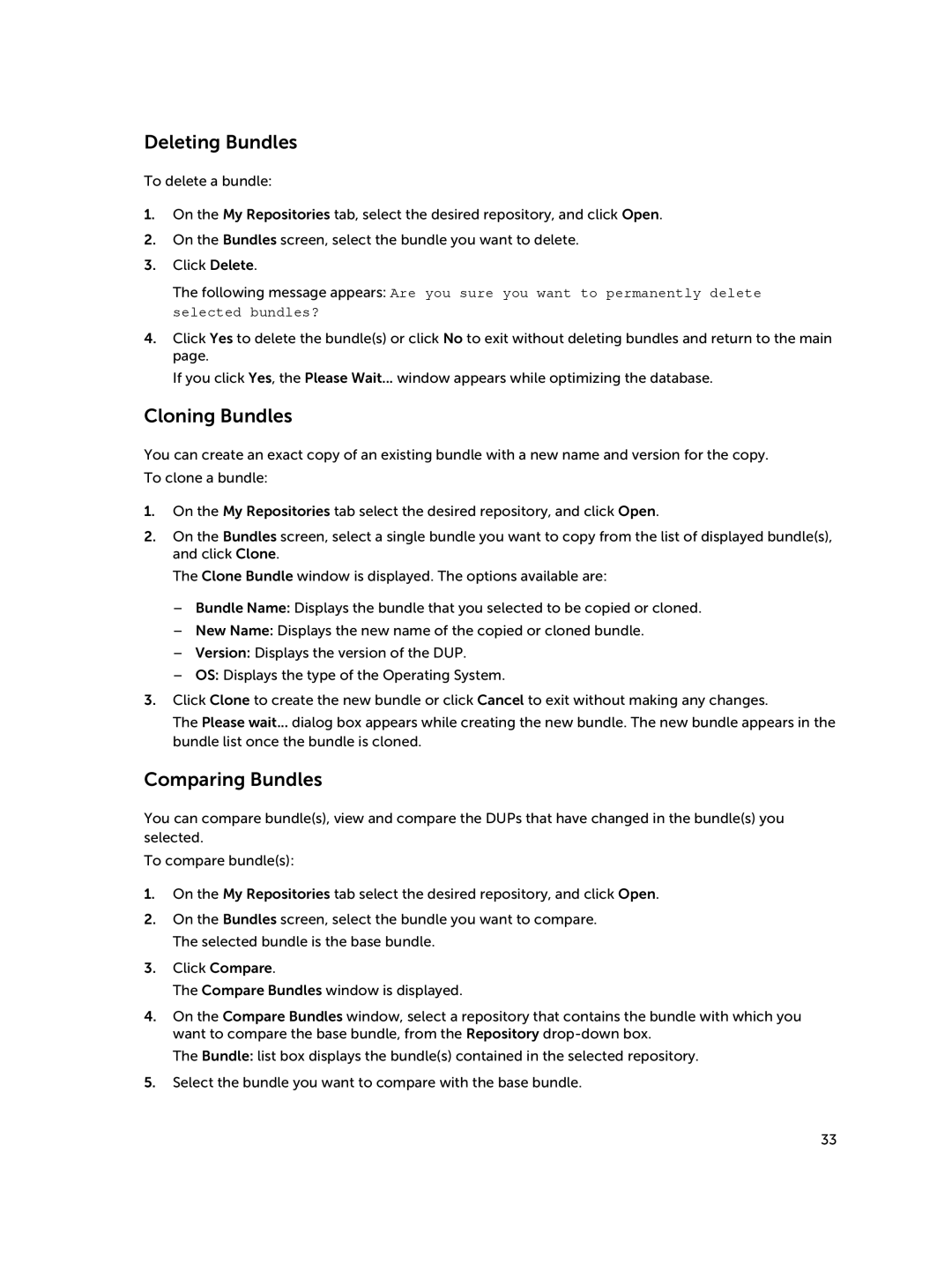 Dell 1.8 manual Deleting Bundles, Cloning Bundles, Comparing Bundles 