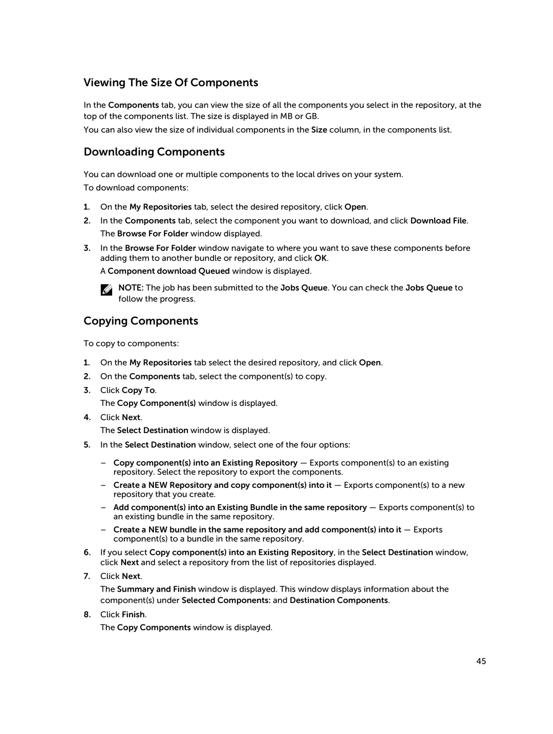 Dell 1.8 manual Viewing The Size Of Components, Downloading Components, Copying Components 