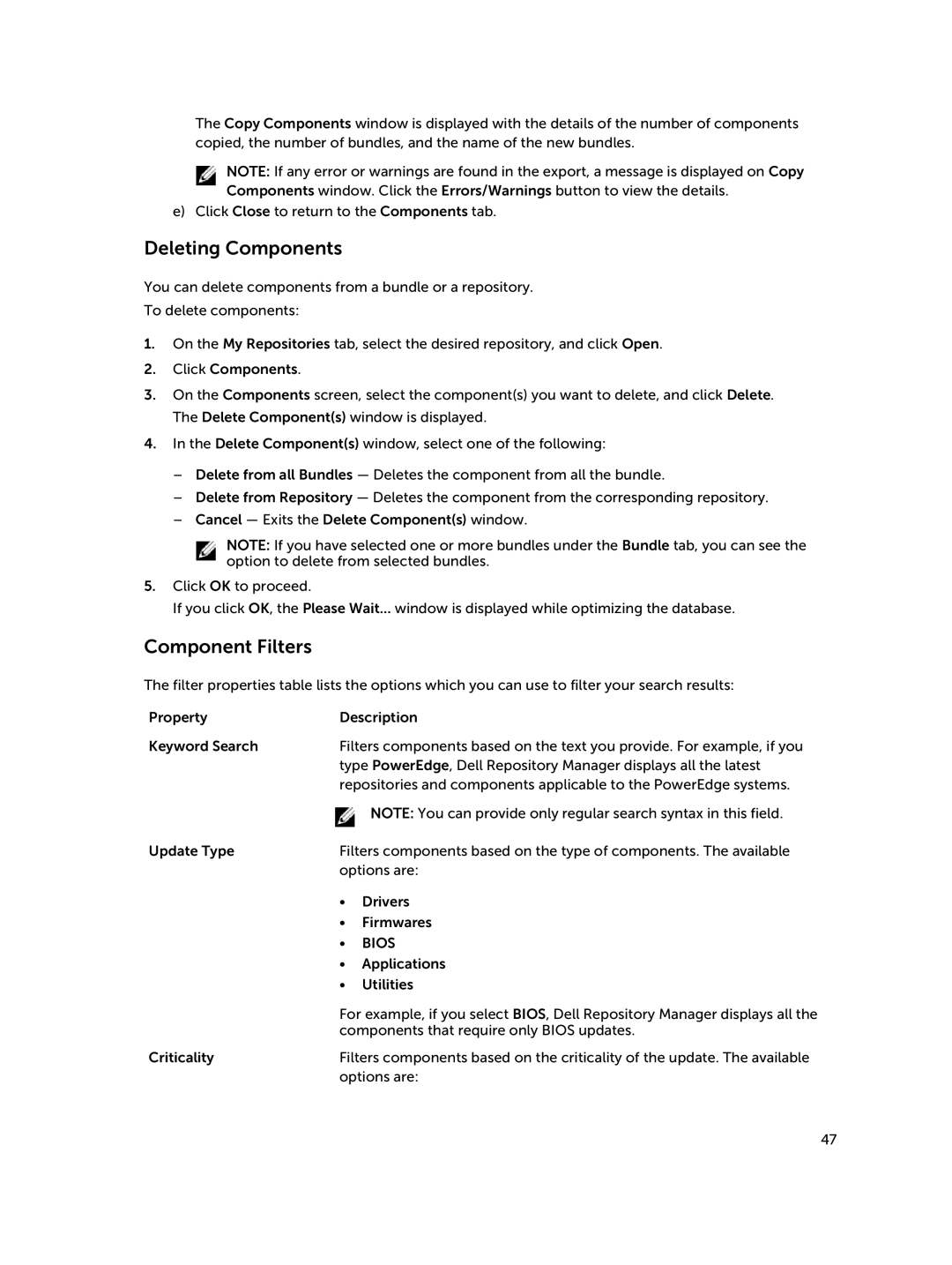 Dell 1.8 manual Deleting Components, Component Filters 