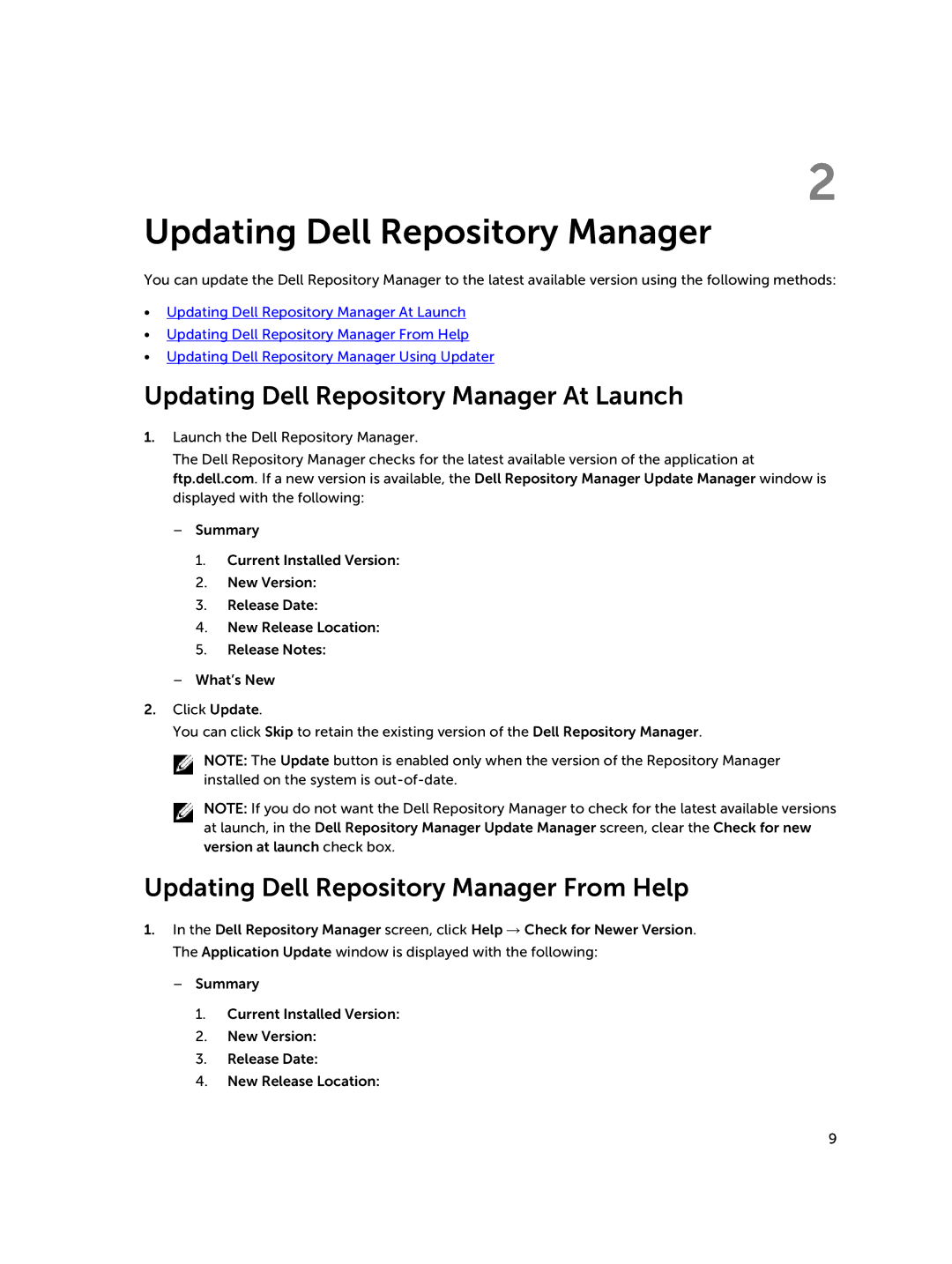 Dell 1.8 manual Updating Dell Repository Manager At Launch, Updating Dell Repository Manager From Help 