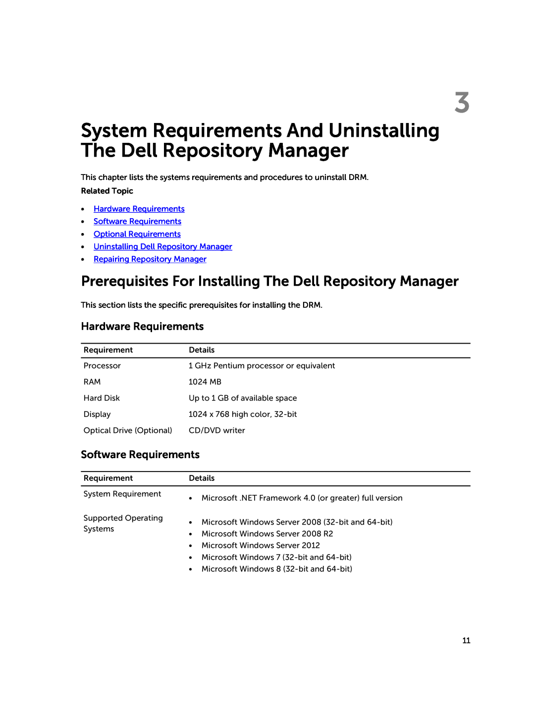 Dell 1.8 Hardware Requirements Software Requirements, Optional Requirements, Uninstalling Dell Repository Manager 