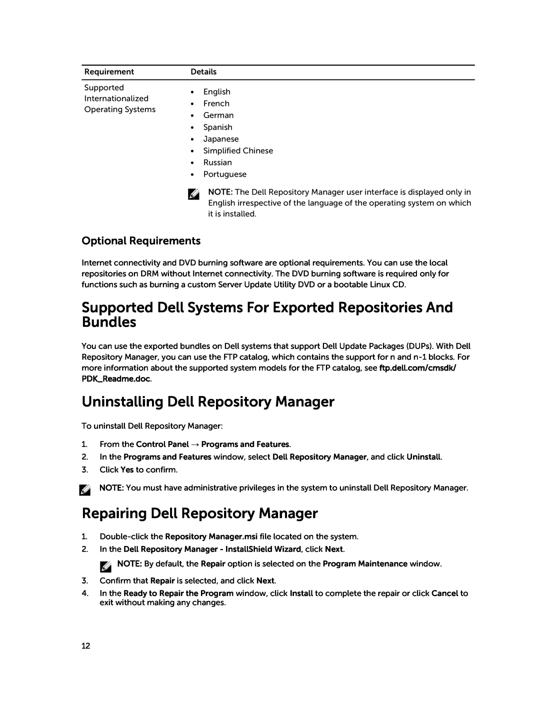 Dell 1.8 manual Uninstalling Dell Repository Manager, Repairing Dell Repository Manager, Optional Requirements 