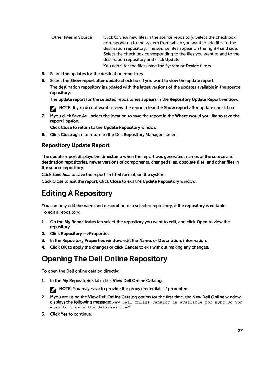 Dell 1.8 manual Editing A Repository, Opening The Dell Online Repository, Repository Update Report 