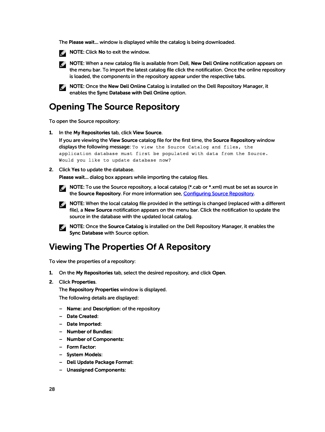 Dell 1.8 manual Opening The Source Repository, Viewing The Properties Of A Repository 