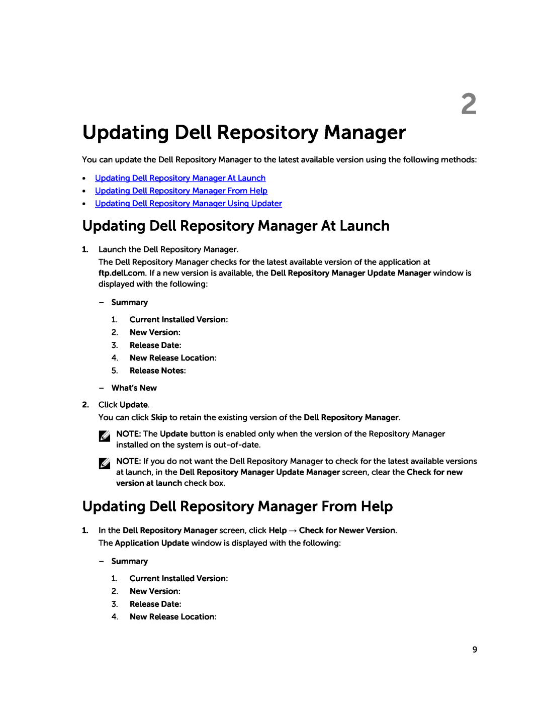 Dell 1.8 manual Updating Dell Repository Manager At Launch, Updating Dell Repository Manager From Help 