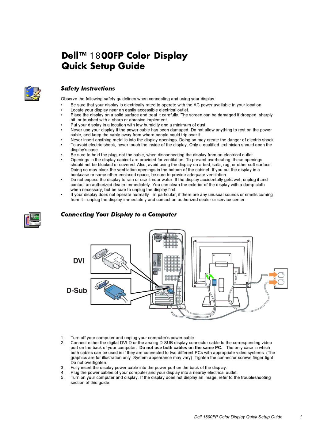 Dell 1800FP setup guide Safety Instructions, Connecting Your Display to a Computer 