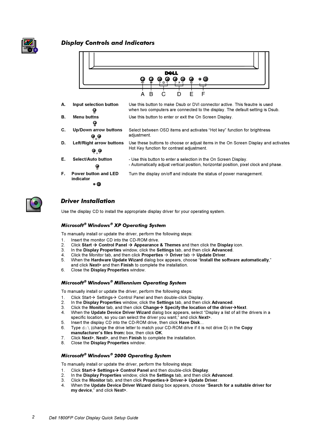 Dell 1800FP setup guide Display Controls and Indicators, Driver Installation, Microsoft Windows XP Operating System 