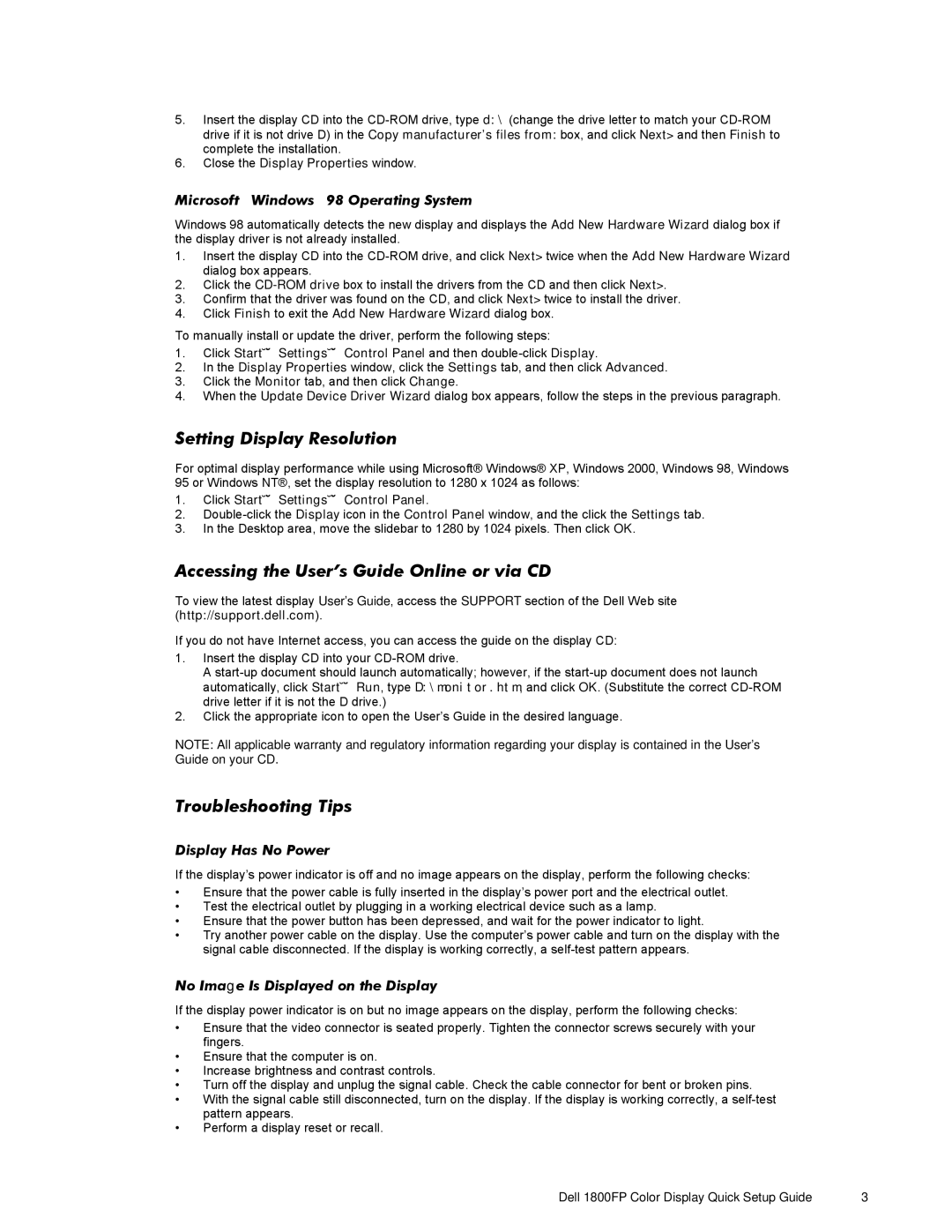 Dell 1800FP setup guide Setting Display Resolution, Accessing the User’s Guide Online or via CD, Troubleshooting Tips 