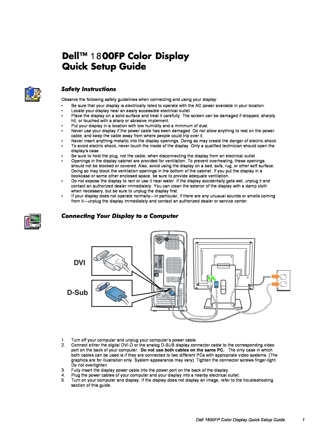 Dell 1800FP setup guide Safety Instructions, Connecting Your Display to a Computer 