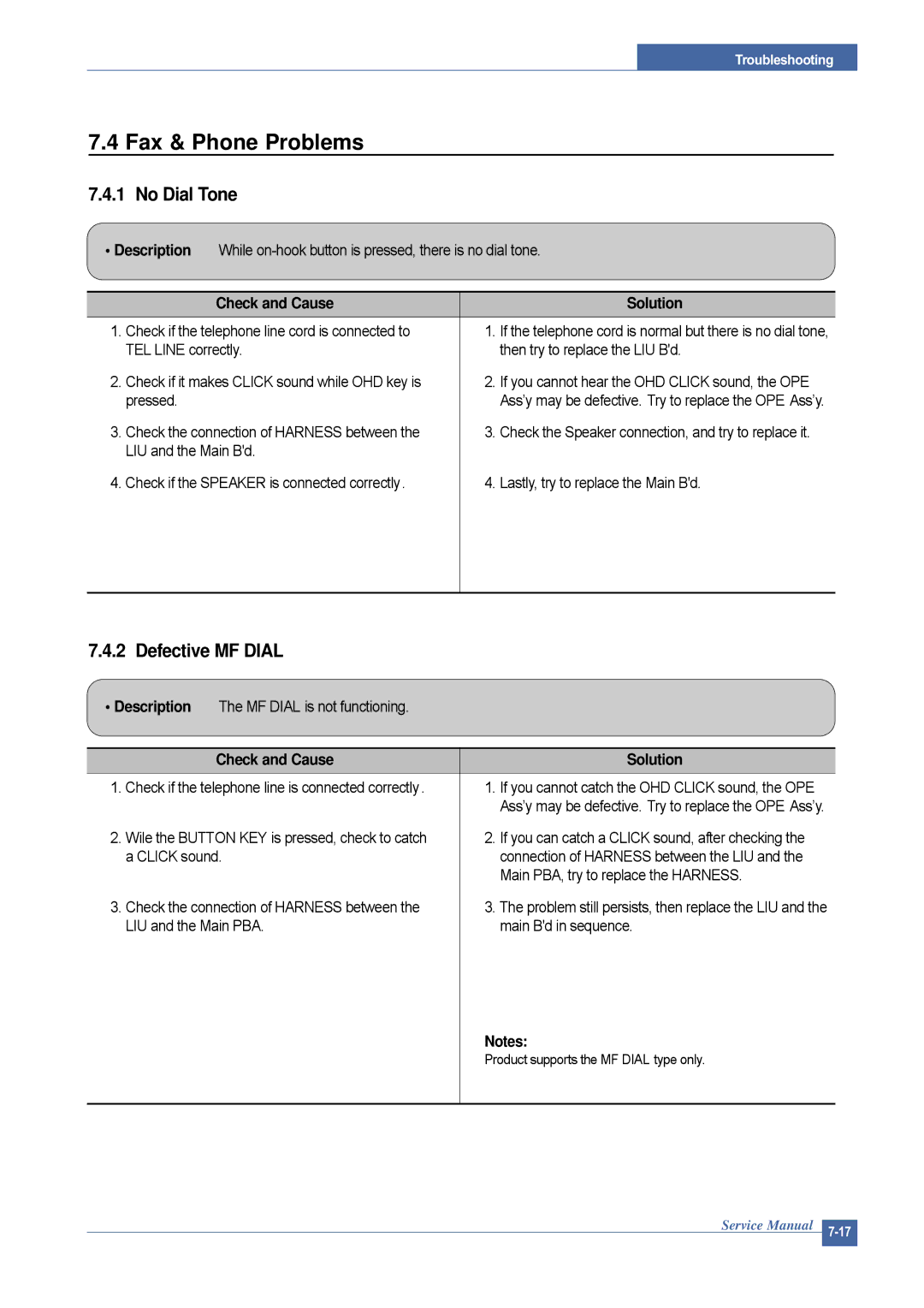 Dell 1815DN service manual Fax & Phone Problems, No Dial Tone, Defective MF Dial 