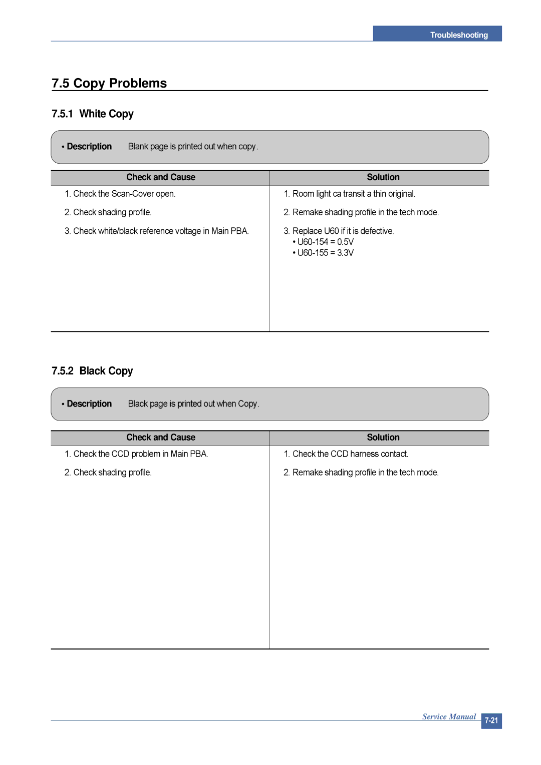 Dell 1815DN service manual Copy Problems, White Copy, Black Copy 