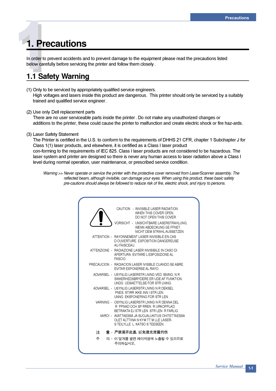 Dell 1815DN service manual Precautions, Safety Warning 