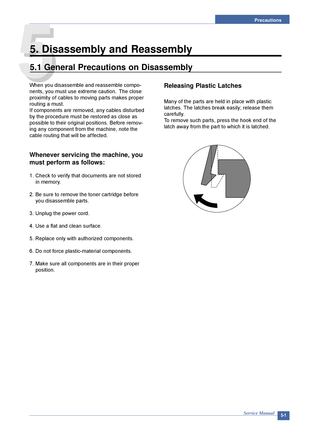 Dell 1815DN service manual General Precautions on Disassembly, Releasing Plastic Latches 