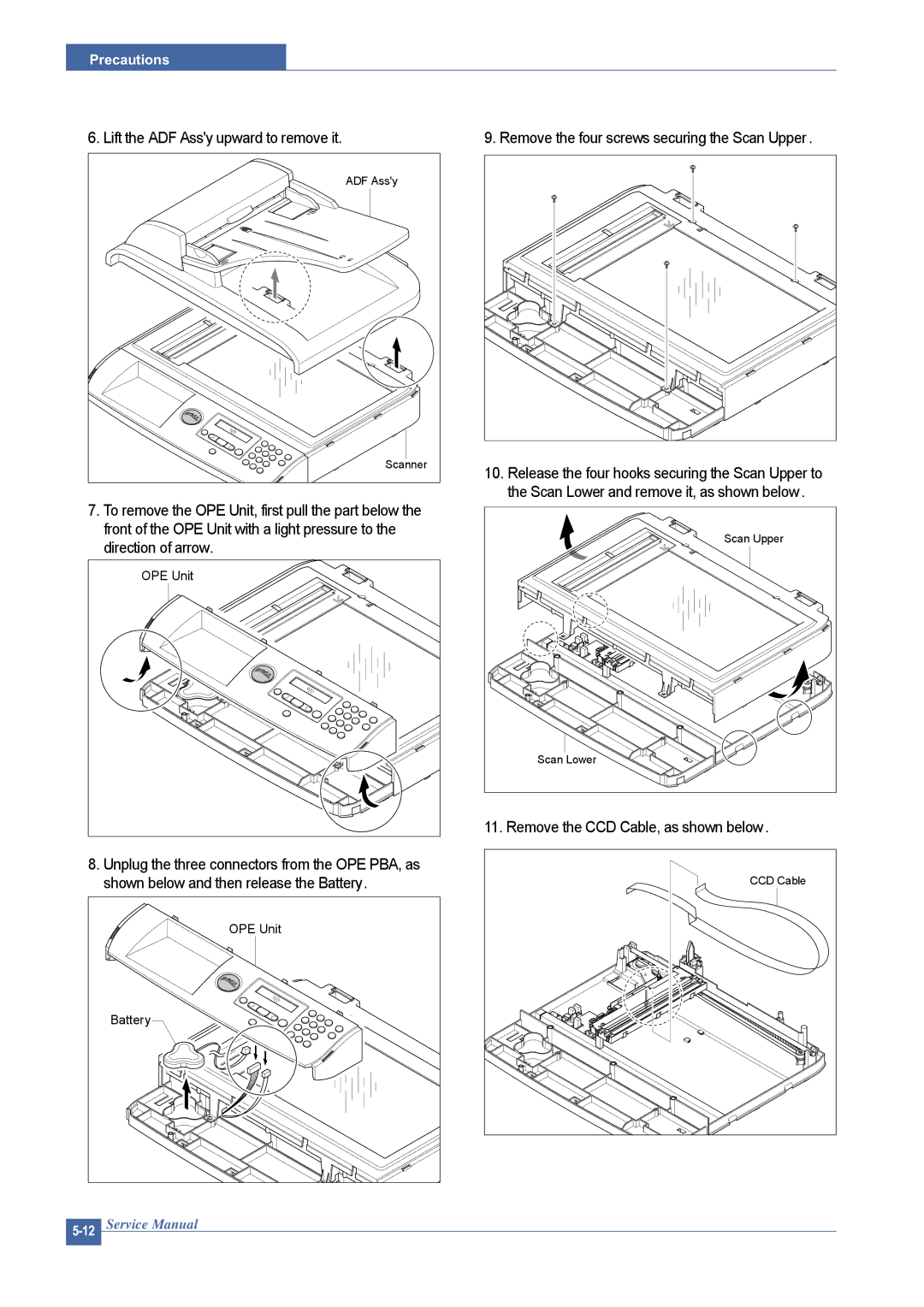 Dell 1815DN service manual Lift the ADF Assy upward to remove it, Remove the four screws securing the Scan Upper 