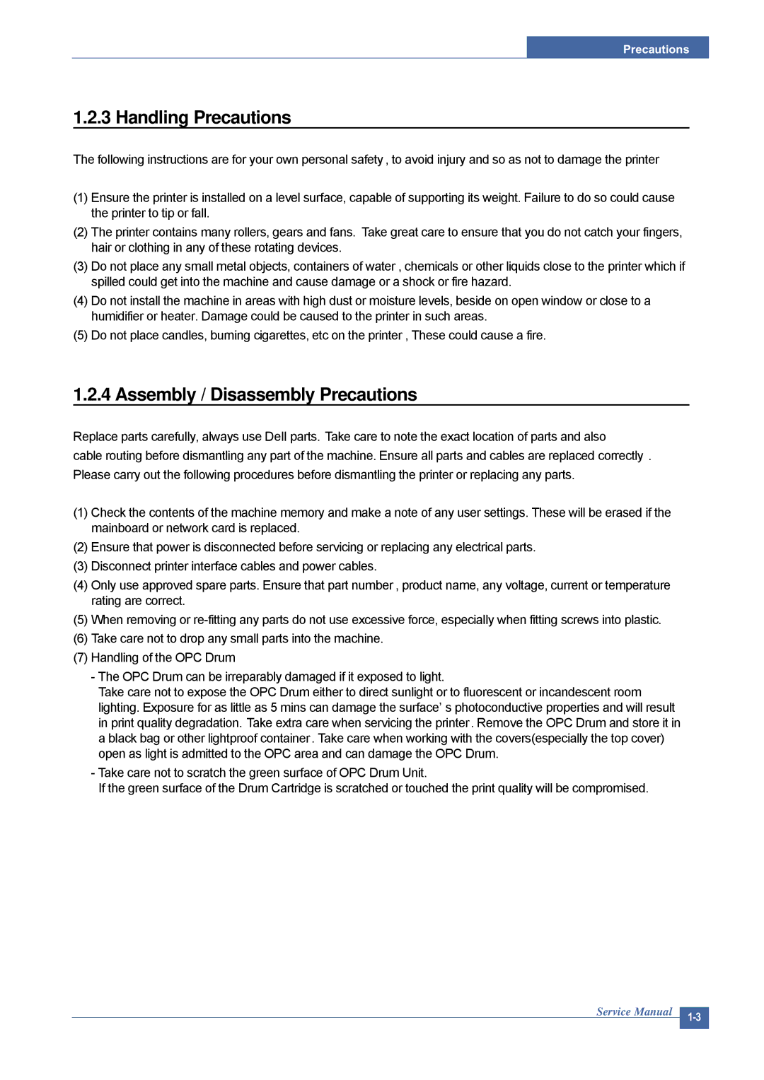 Dell 1815DN service manual Handling Precautions, Assembly / Disassembly Precautions 