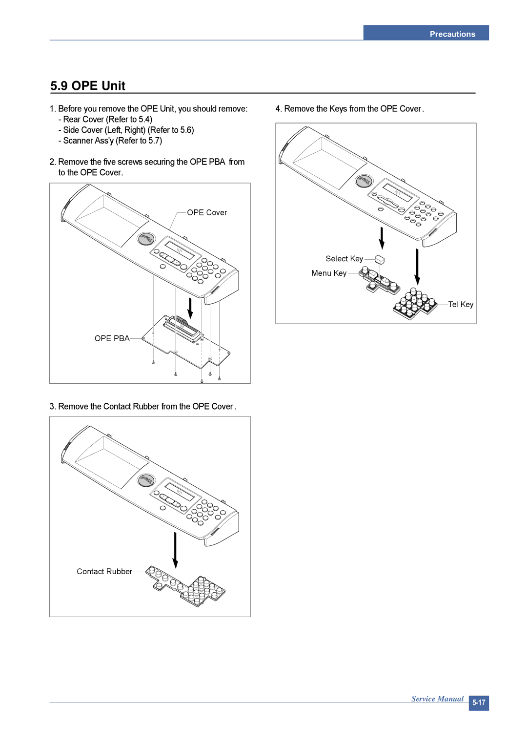 Dell 1815DN service manual OPE Unit, Remove the Keys from the OPE Cover, Remove the Contact Rubber from the OPE Cover 