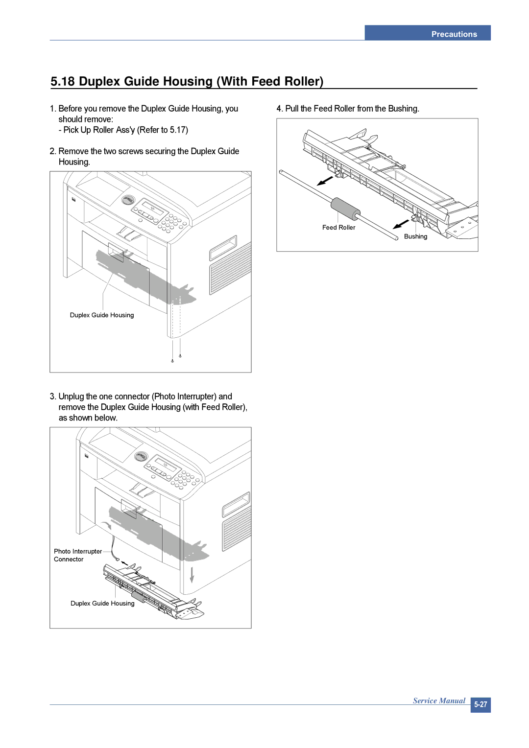 Dell 1815DN service manual Duplex Guide Housing With Feed Roller, Pull the Feed Roller from the Bushing 