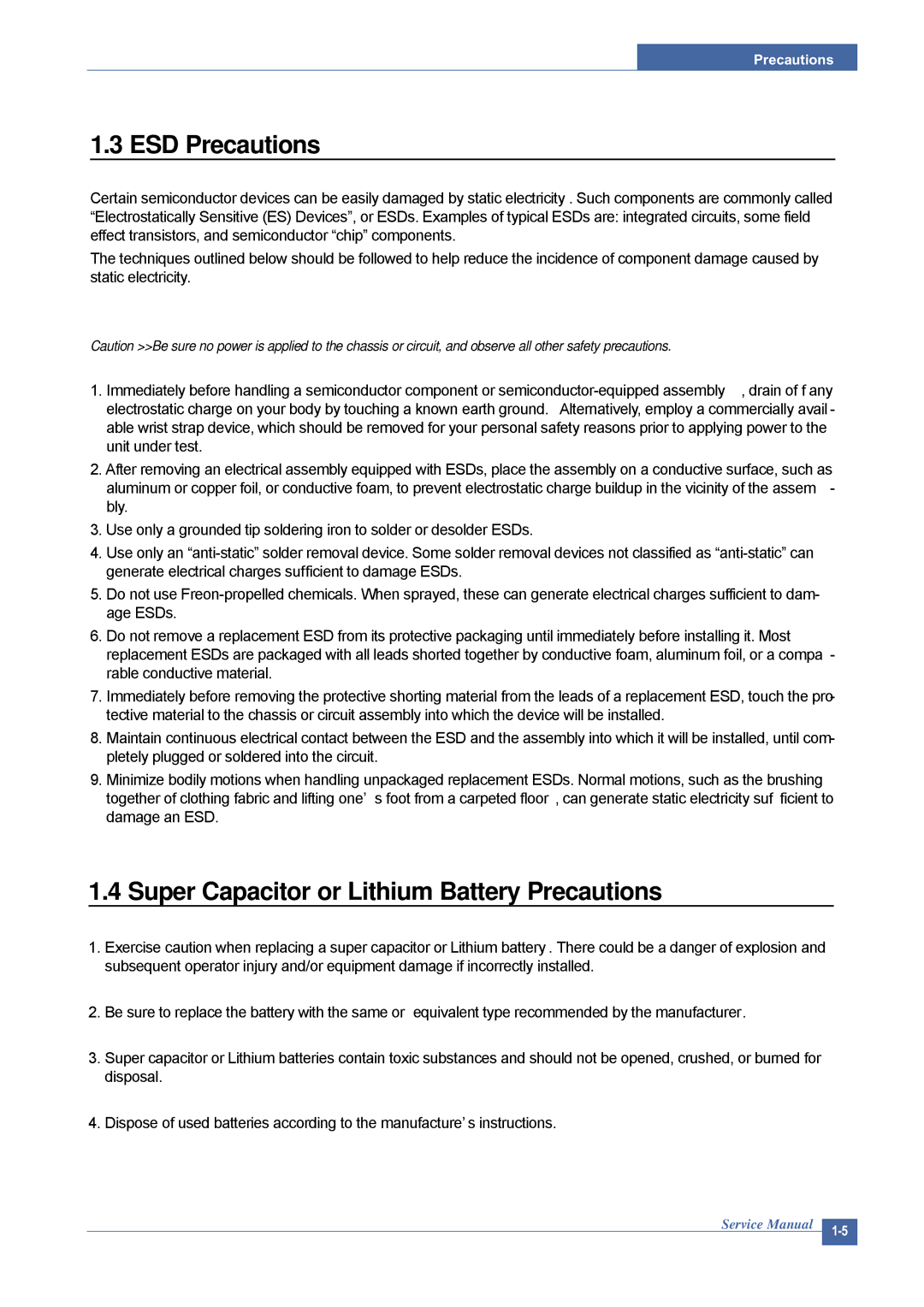 Dell 1815DN service manual ESD Precautions, Super Capacitor or Lithium Battery Precautions 