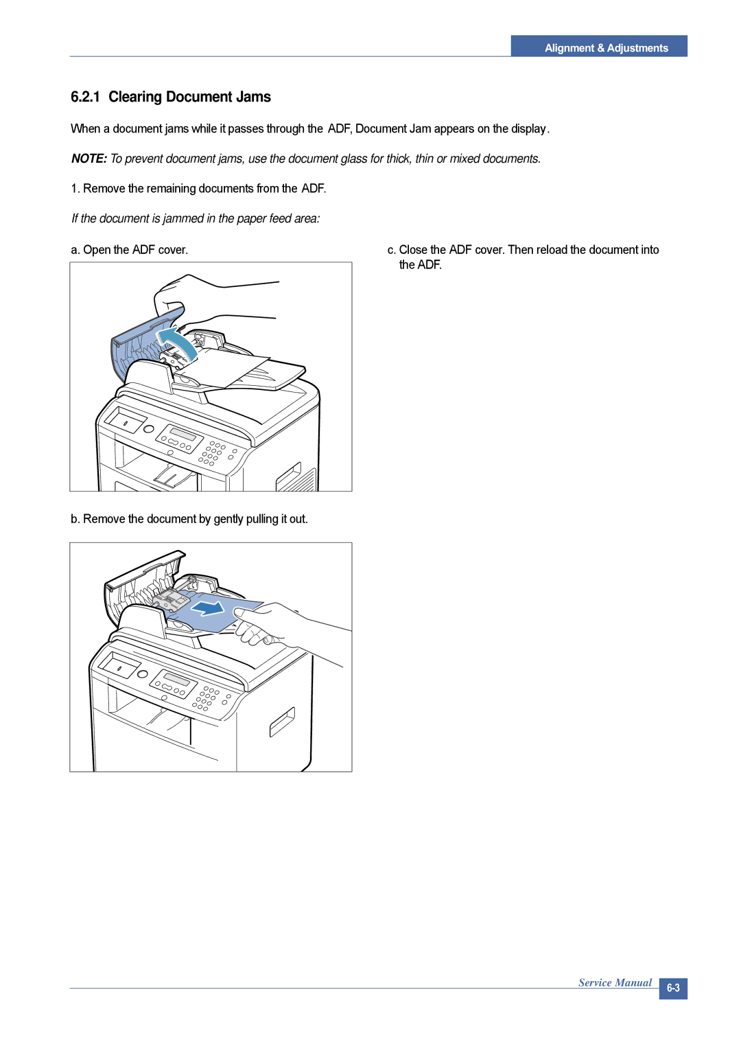 Dell 1815DN service manual Clearing Document Jams, If the document is jammed in the paper feed area 