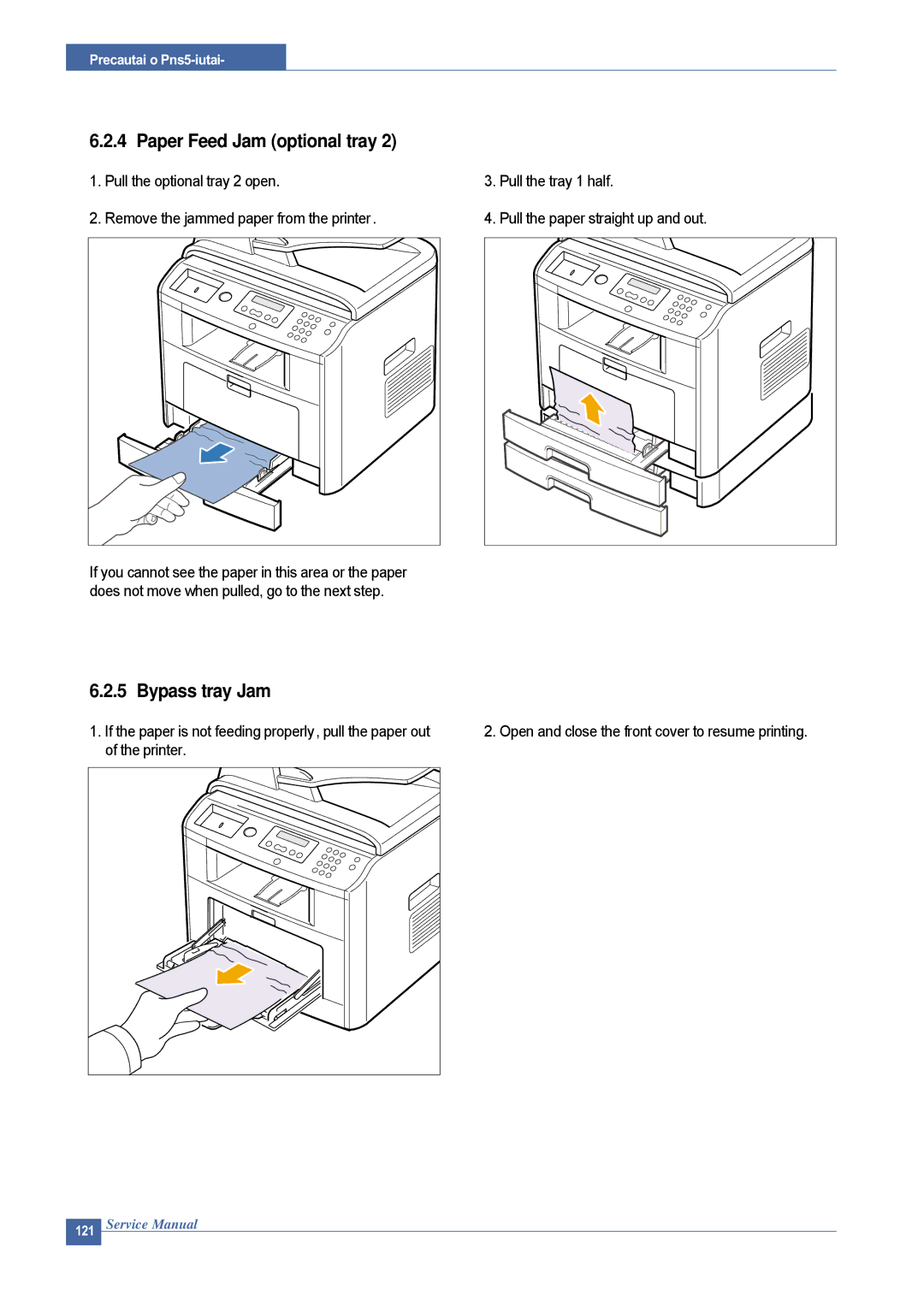 Dell 1815DN Paper Feed Jam optional tray, Bypass tray Jam, Pull the tray 1 half Pull the paper straight up and out 